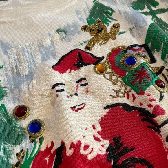 Vintage Handpainted Santa Christmas Crewneck Sweatshirt USA Womens Large White - Picture 3 of 11